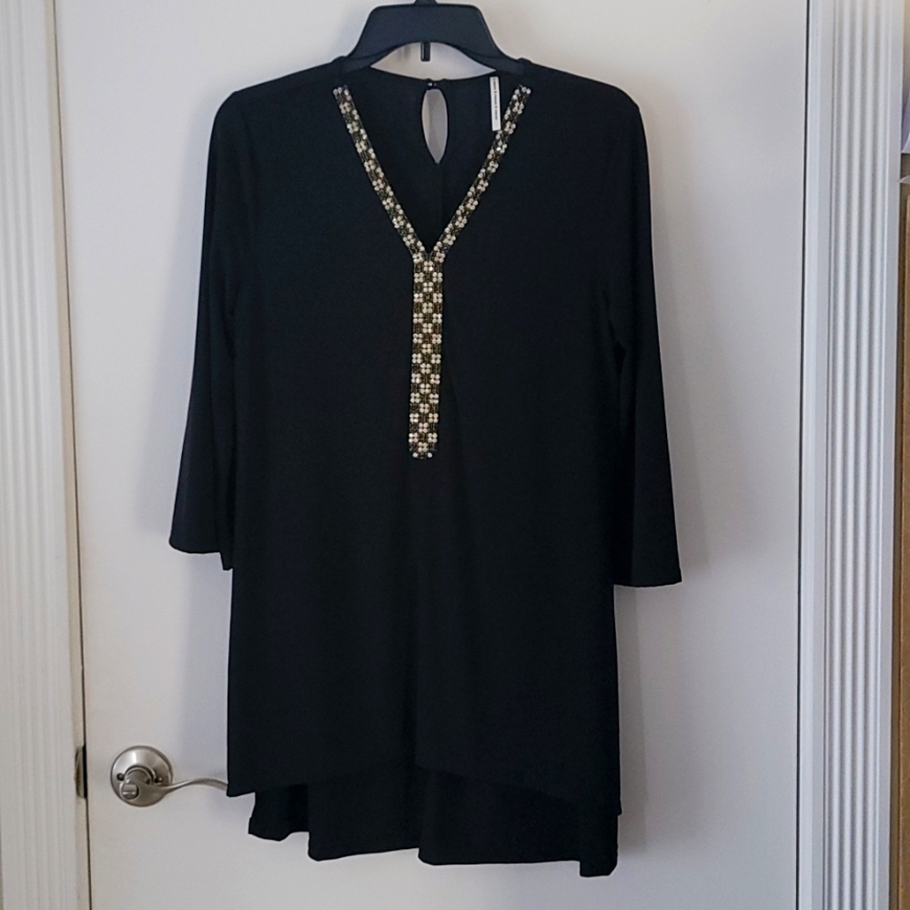 Ladies Elegant V-Neck Beaded Embellished Black Tunic Top Size Medium